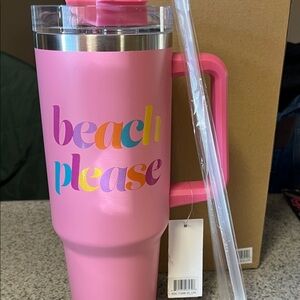 Katydid NWT Pink Tumbler with Colorful 'Beach Please' Design